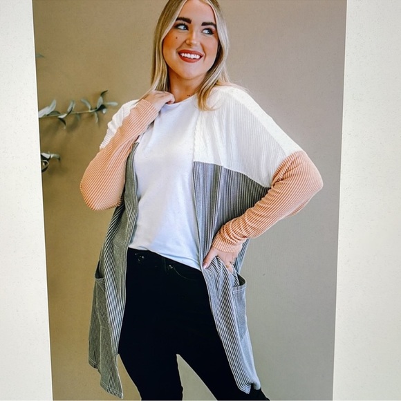 Sweaters - Colorblock Ribbed Knit Open Front Cardigan Duster Gray Tan White Plus Size 3X